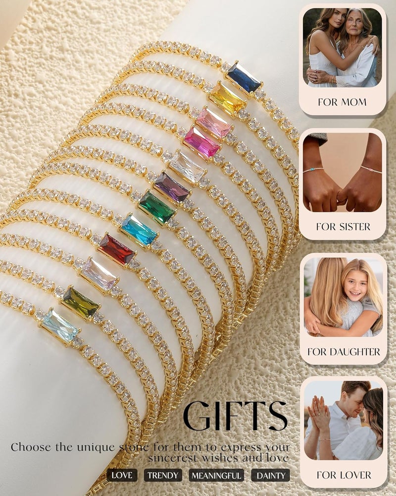 FUNEIA Birthstone Gold Tennis Bracelets for Women Trendy Non Tarnish Dainty 14K Gold Plated Diamond Bracelet Stack Cute Stackable Blue Green Red Friendship Bracelets Jewelry Gifts for Best Friend - Image 5